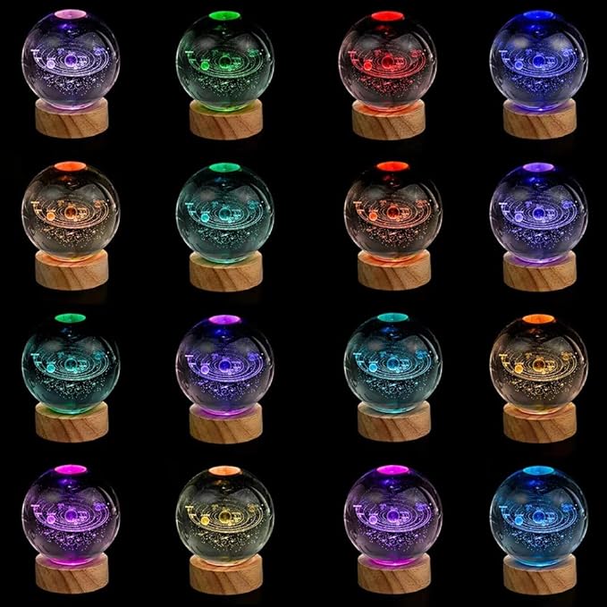 3D Solar System Crystal Ball Night Light with 16 Color LED Wooden Base, Upgraded 3.15 In Galaxy Planets Glass Ball Lamp with Remote Control Cool Astronomy Desk Decor Gifts for Kids Girls Boys Friends