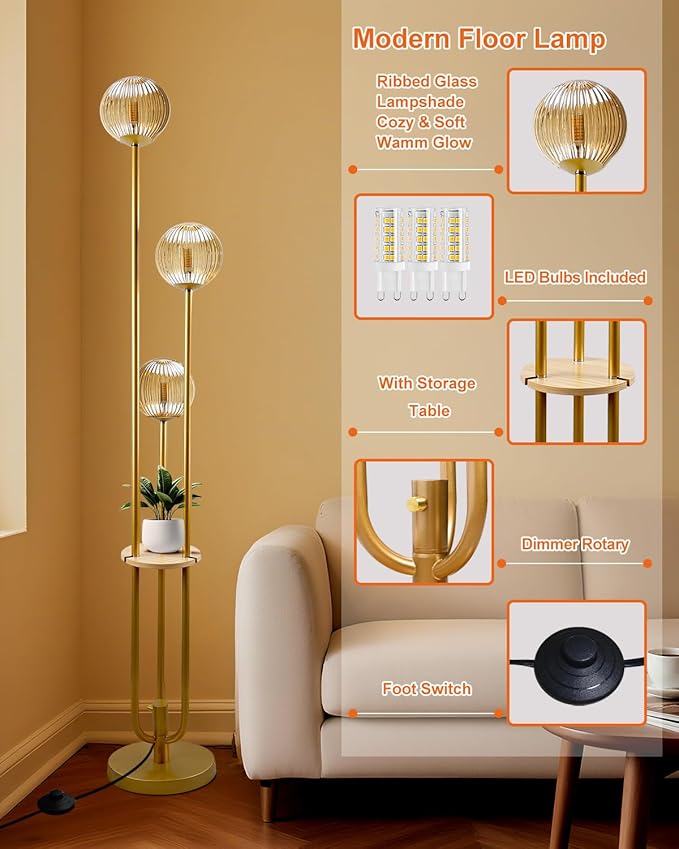 Lightdot Glass Floor Lamp with Shelf, 63IN Dimmable Mid Century Modern Gold Standing Lamps with 3 3000K Bulbs Included, Globe Floor Lamp for Living Room/Wedding/Office//Sofa Beside/Corner Decor