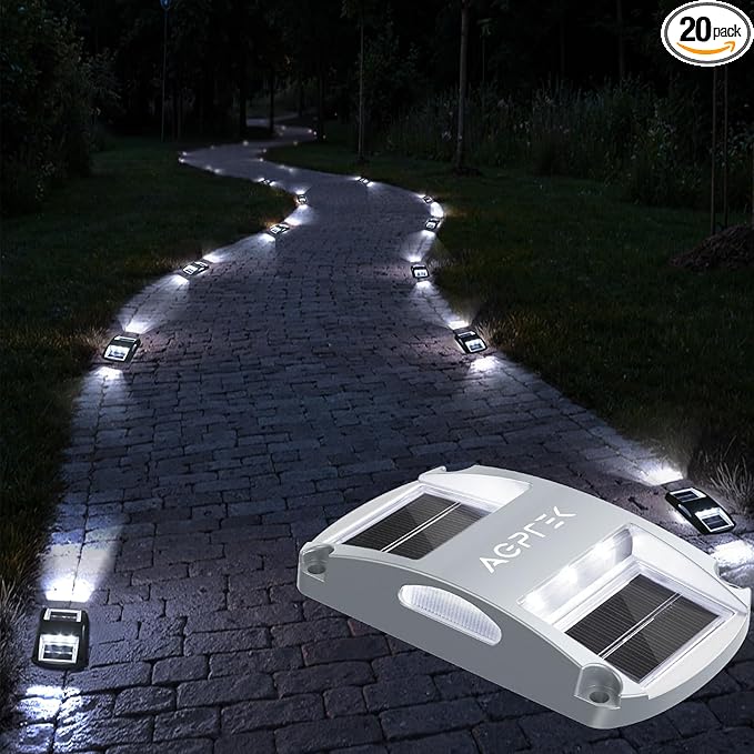 AGPTEK Solar Driveway Lights 20 Pack, Outdoor Deck Dock Marine LED Solar Powered Waterproof Driveway Marker Lights for Warning Step, Sidewalk, Pathway, Garden, Yard (White Light)