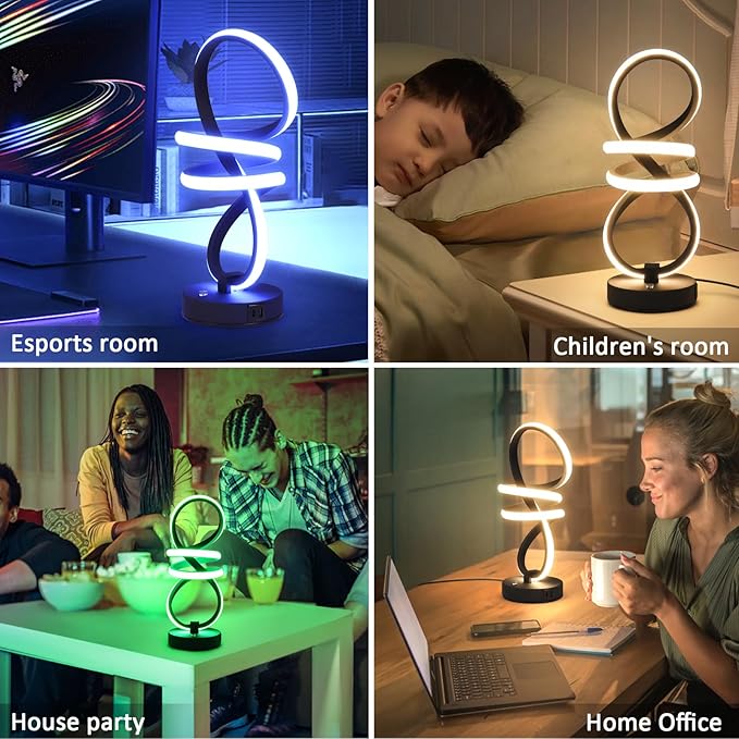 Modern LED Table Lamp, Spiral RGB Table Lamp, Touch Dimmable LED Nightstand Lamp with USB/Type C, 7 Colors & 10 Light Modes Bedside Lamp for Bedroom, Living Room, Office, Cool Lamps for Ideal Gift