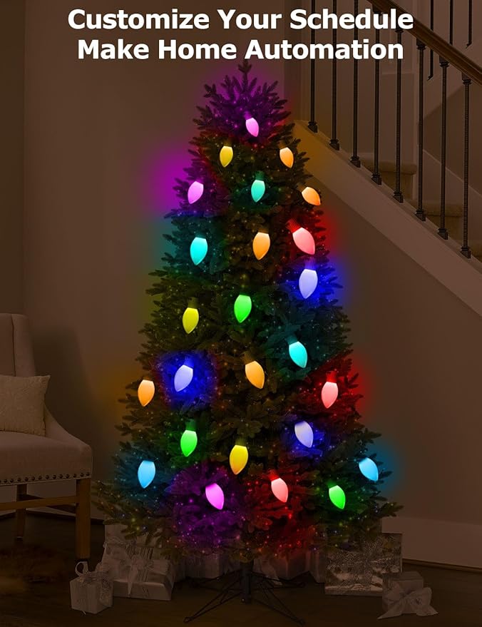 HIITEN Smart C9 Christmas Lights Outdoor 99ft, 150 LED RGBW Chasing Effects Xmas Lights Outdoor, APP and Remote Controlled with Timer Music Sync, Extendable LED Christmas Lighting for House Tree