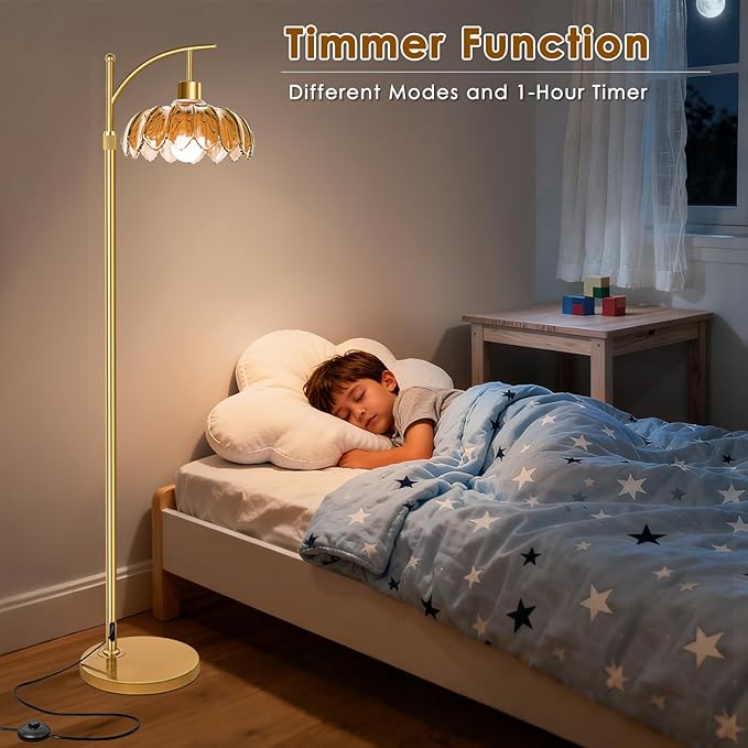 Arc Floor Lamp with Remote: Dimmable LED Gold Floor Lamps for Living Room Bedroom Office, Vintage Flower Adjustable Tall Reading Lamps Floor Standing for Housewarming Gifts