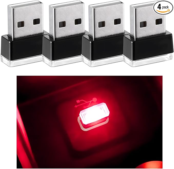 4 PCS USB LED Car Interior Atmosphere Lamp, Mini Night Light Plug-In Trunk Ambient Lighting Kit, Portable USB Interface LED Lamp Interior Decoration for Vehicle Home Office (Red)