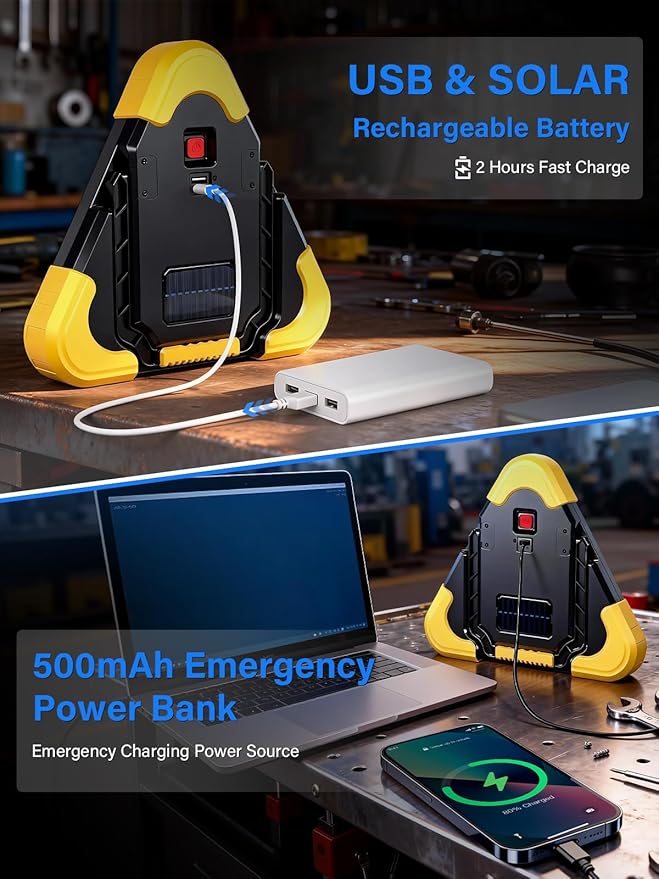 Road Safety Triangles LED Warning Triangles, 4-in-1 USB Rechargeable Emergency Reflector with LED/Power Bank/Flashlight & SOS, 3H Working Times for Vehicle Breakdown, Traveler