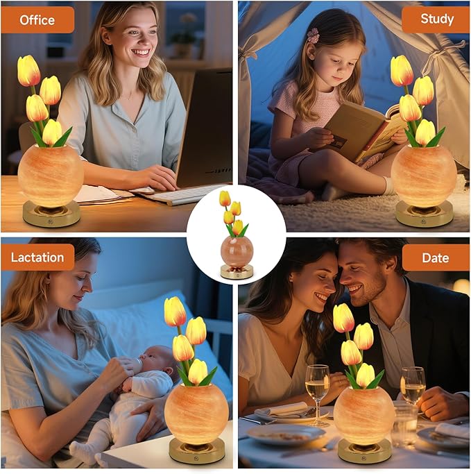 Tulip Table Lamp, Rechargeable Cordless Touch Dimming Artificial Tulip Flower Desk Lamp, LED Flower Bedside Night Light Romantic Gifts for Girl Women Mom (Orange)