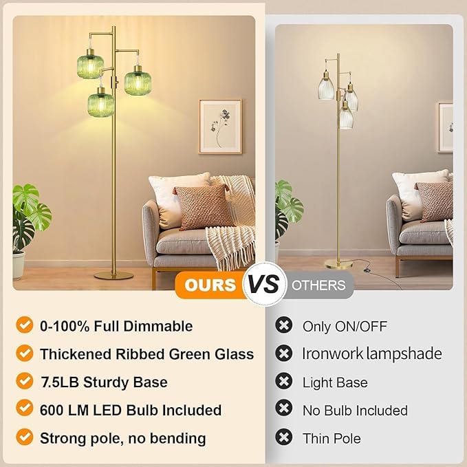 Modern Floor Lamp for Living Room, Dimmable Gold Standing Lamp with Green Glass Shade, Mid Century 3 Lights Tall Lamp, Vintage Retro Floor Lamps for Bedroom, 3×6W Bulbs Included