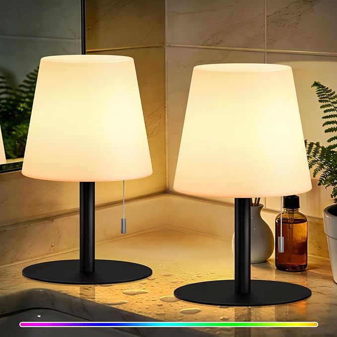 uuffoo Shower Lamp Waterproof Warm White & RGB Shower Light Dimmable LED Rechargeable Table Lamp Cordless Outdoor Lamps Portable for Indoor Outdoor Bathroom Home Patio H9.8in D6.3in (2PCS Black)