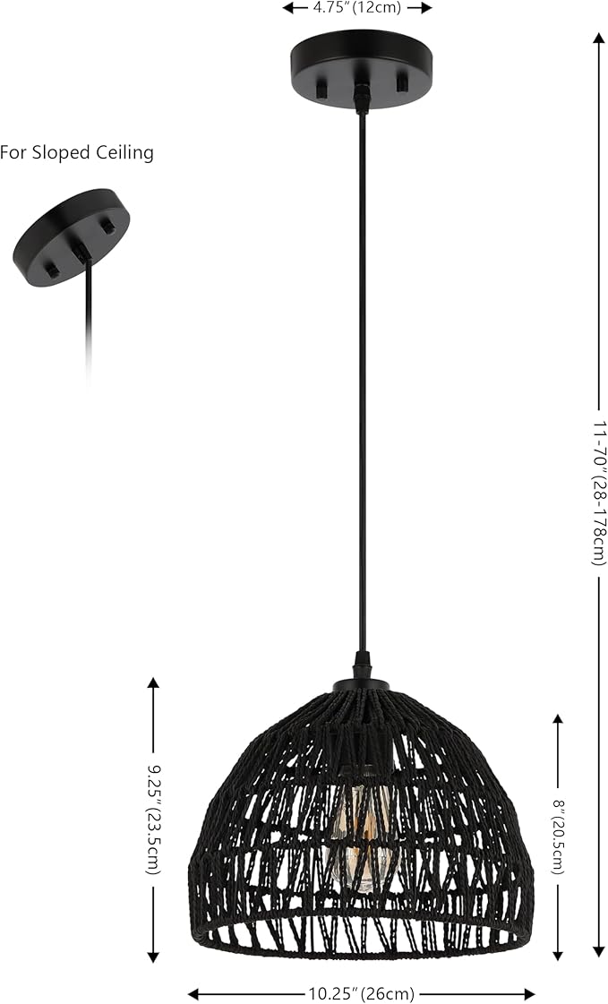 JONATHAN Y 10.25" Black Modern Bohemian Woven Rope LED Pendant Light Fixture, Adjustable Dome Ceiling Lamp for Kitchen Island, Rope Shade, Coastal Farmhouse Decor (JYL6513B)