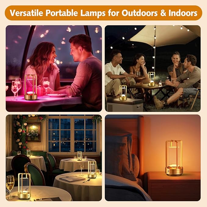 Portable Table Lamp for Outdoor Indoor: Cordless Rechargeable Desk Lamp with 3 Color Stepless Dimmable - Metal Battery Operated Lantern Light for Bedroom/Bar/Coffee Shop/Camping (Gold+RGB)