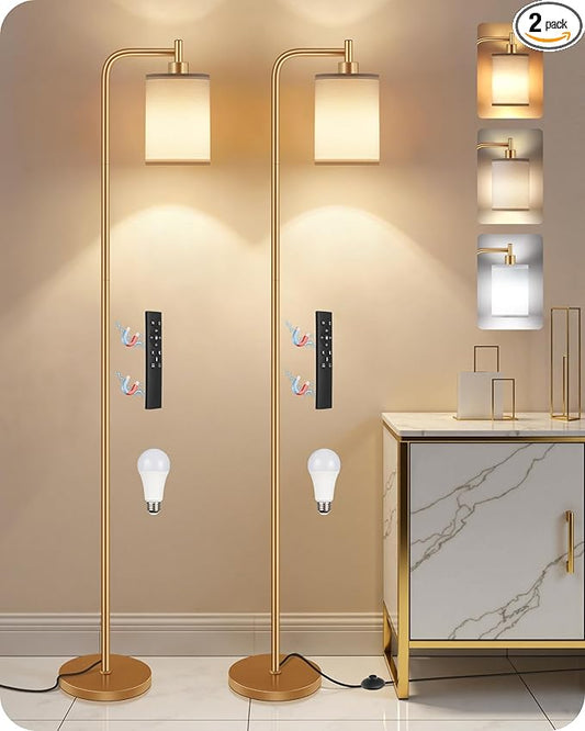 2Pack Dimmable Floor Lamp for Living Room with Remote and Foot Switch, Modern Standing, Corner Lamp,10W Bulb 3 Color Temperatures, for Bedroom, Office, ETL Listed, Gold and White DCW19LDP205