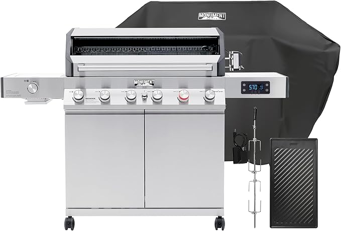 Monument Grills 6+1 Burner Smart Tech Propane Gas Grill, Denali 605Pro Stainless Steel Grill 78,000 BTU Outdoor Garden Barbecue Grill with Side Sear Burner, Cooking Plate, Cover and Rotisserie Kit