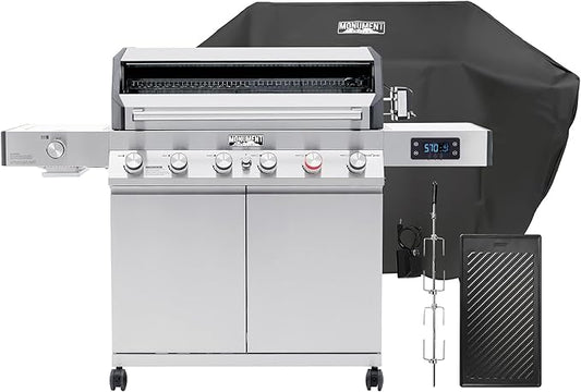 Monument Grills 6+1 Burner Smart Tech Propane Gas Grill, Denali 605Pro Stainless Steel Grill 78,000 BTU Outdoor Garden Barbecue Grill with Side Sear Burner, Cooking Plate, Cover and Rotisserie Kit