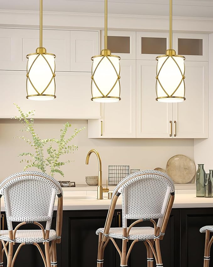 Brushed Gold Pendant Lights Kitchen Island 3 Pack, Milk Glass Kitchen Pendant Lighting Over Island with Rod, Modern Mini Hanging Light for Kitchen Sink Dining Room, CH9176BGW-3PK