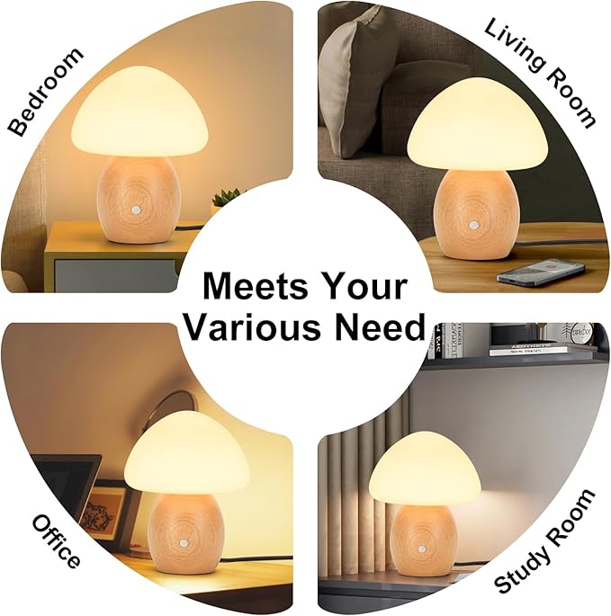 Mushroom Lamp with Touch Control Switch, Small Wooden Table Lamp with Glass Shade, 3 Way Dimmable Nightstand Lamp for Bedroom, G9 LED Bulb Included (Nature Wood&Opal White Glass Shade)