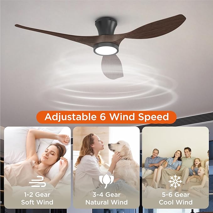 TALOYA 52 Inch Ceiling Fans with Led Lights Remote Control Flush Mount Low Profile for Bedroom Farmhouse Patio Outdoor Living Room Kitchen Dining Room,DC Motor,Reversible,Buzzer ON/Off,Black Walnut