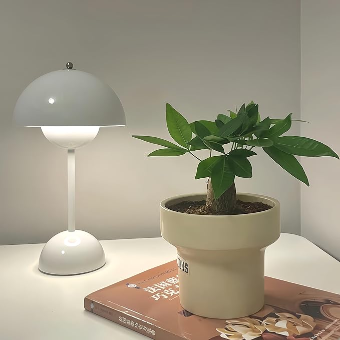 Flower Bud Lamp Modern Flowerpot Cordless Mushroom Touch Table Lamp 3 Mode Dimmable Rechargeable Desk Lamp for Bedroom (White)