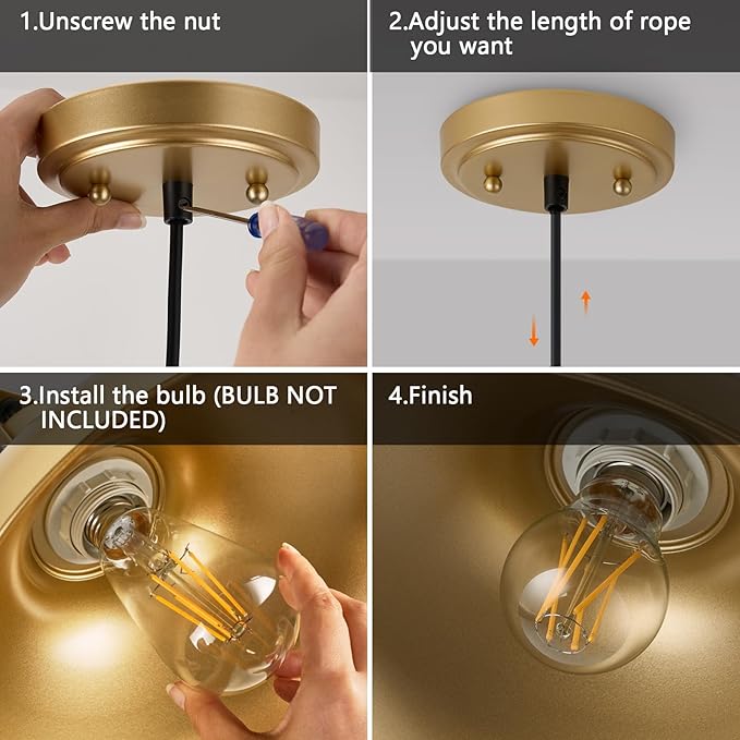 Gold Farmhouse Pendant Lights Matte Pendant Lighting for Kitchen Island Industrial Adjustable Height Vintage Dome Hanging Light Fixtures for Barn, Dining Room 3 Packs