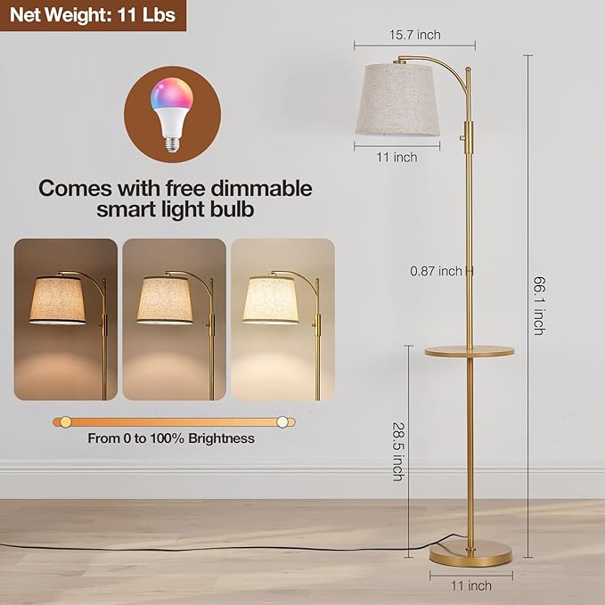 AIDENOEY Smart Floor Lamp with Side Table | Stepless Dimming, RGB Multi-Color | Adjustable Swivel Head | Voice Control with Alexa & Google Assistant |Golden Lamp for Living Room,Bedroom,Home Office