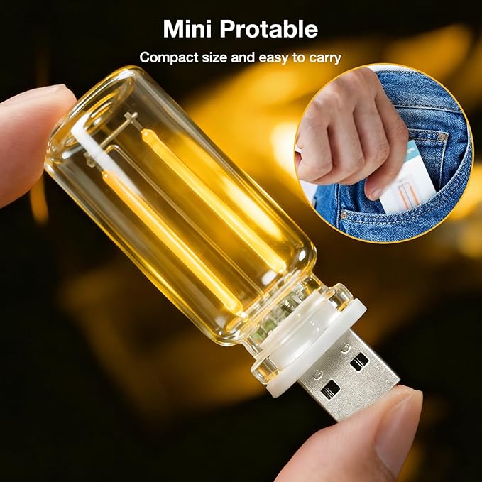 2 PCS USB Car Lights, Touch Dimmable Retro Mini Glass Bottle LED Ambient Night Light for Vehicle Interior, Bedroom, Hallway, Camping, Holiday and Party Decoration (Yellow)