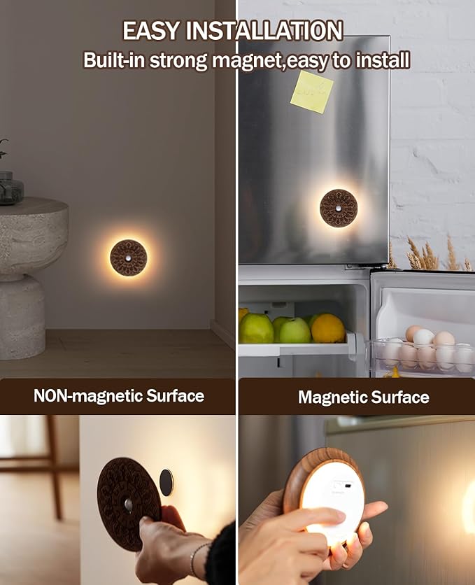 Motion Sensor Night Light Wood USB Rechargeable Stick-On Step Lights Magnetic Small Wall Lights for Hallway Bedroom Living Room Stair, Carved Black Walnut