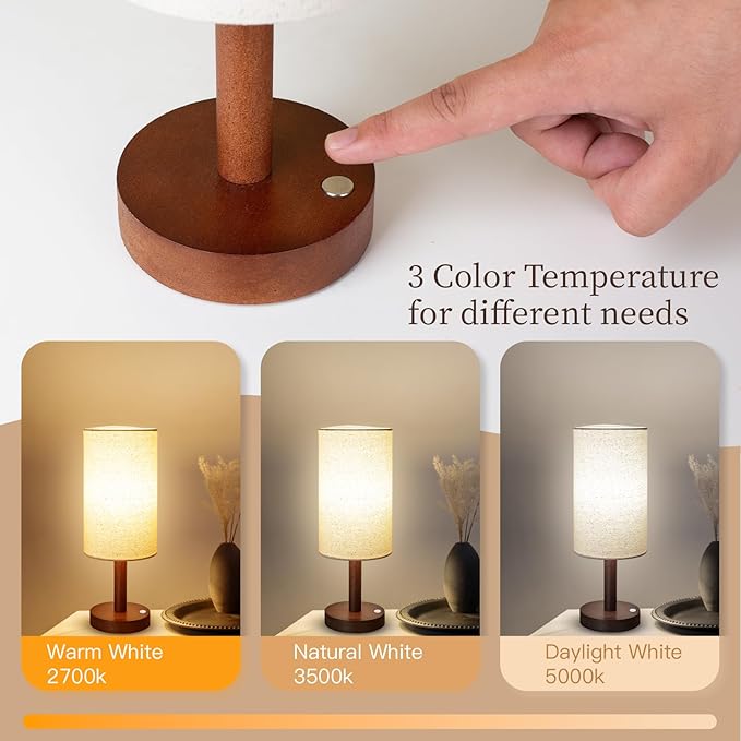 Small Table Lamp Nightstand Lamp Linen Lampshade Bedroom Wood Base Small Bedside Lamp for Night Stands, Desk Lamps for Reading Living Room, Office (LED Bulb Included) (Walnut Wood Cordless(2))