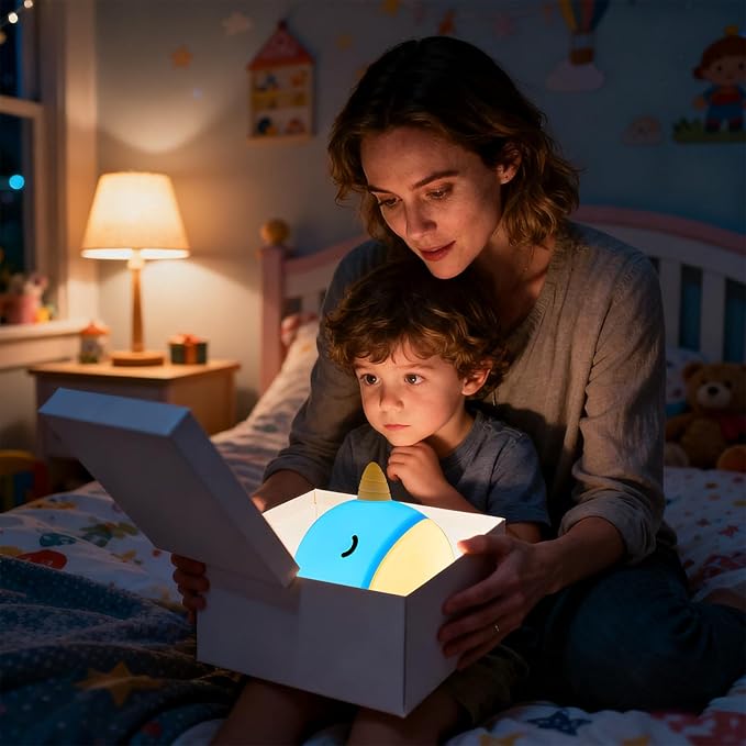 Cute Narwhal Night Light, Tap Control with 3 Warm White Brightness, USB Kids Bed Lamp with 30-Minute Timer, Soft Silicone Glow for Nursery, Birthday Gift (Blue Narwhal)