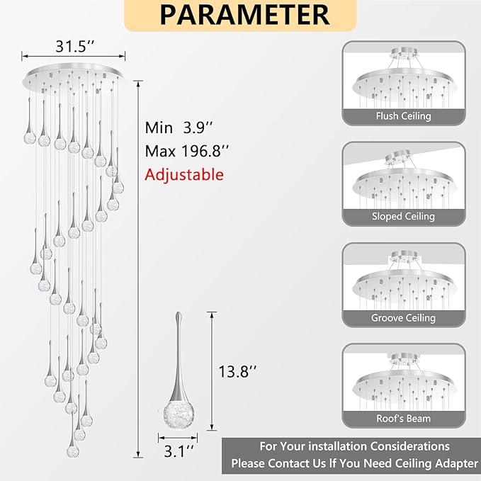 30 Light Modern Glam Crystal Chandelier for High Ceiling LED Dimmable Ceiling Pendant Light Staircase Foyer Enterway Living Room Chandelier Lighting Antique Silver