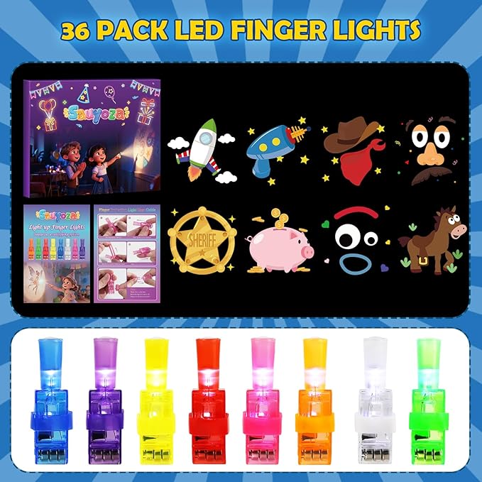 36 Pcs Toy Inspired Story Themed Party Favors LED Finger Lights for Kids, Glow in the Dark Birthday Party Supplies, Goodie Bag Fillers, Classroom Rewards Gifts Bulk, Cosplay & Night Games