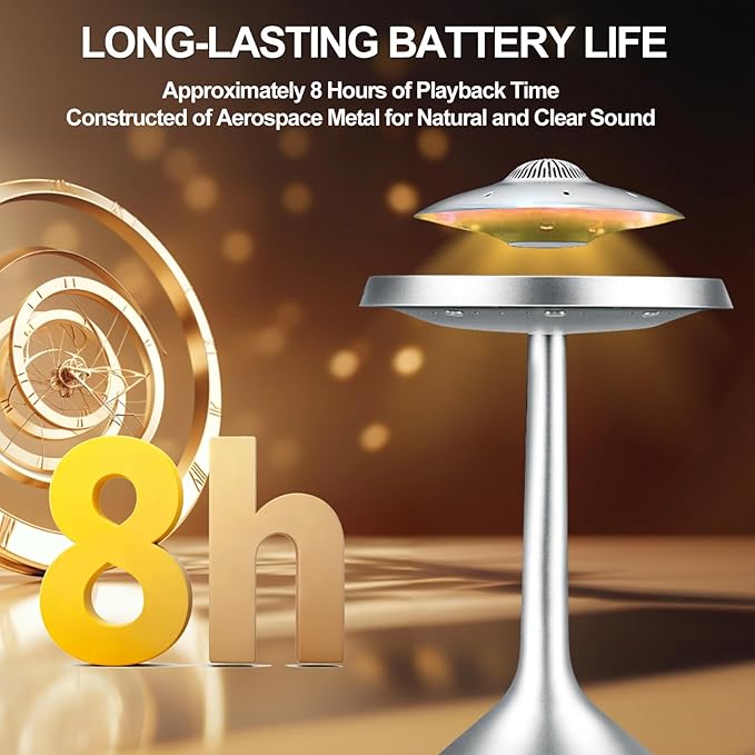 Magnetic Levitation Bluetooth UFO Speaker, Levitating UFO Speakers with Seven Color Night Lamp, Wireless Charging LED Lamp Bluetooth Speaker, 360°Rotating UFO Lamp (Silver)