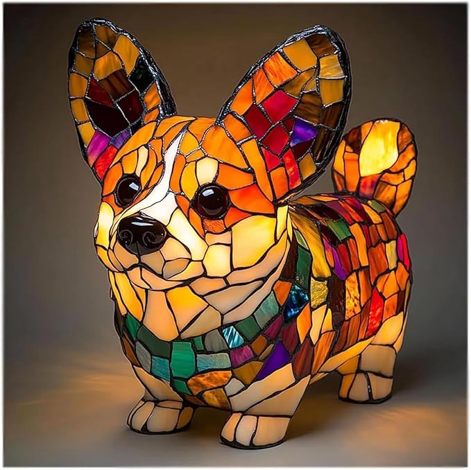 Rainbow Puppy Lamp Stained Glass Dog Night Light 3D Retro Stained Resin Rainbow Pup Lights Charge Powered Table Lamp Puppy Glow Lamps for Home Bedroom Desk (E)