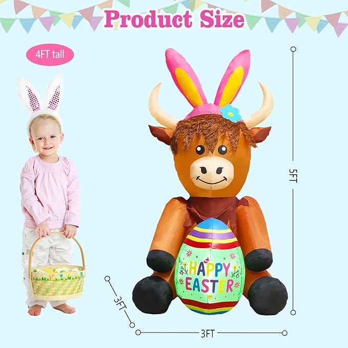 5FT Tall Easter Inflatable Highland Cow with Easter Egg Outdoor Decoration, Blow Up Highland Cow Inflatables Built-in 2 LEDs for Easter Day Outdoor Indoor Yard Garden Lawn Decor
