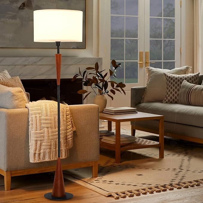 Floor Lamp for Living Room, Wood 3 Color Temperatures & Linen Shade, Modern Reading Standing Lamp with 9W LED Bulb, Mid Century Night Light for Farmhouse, Bedroom, Office