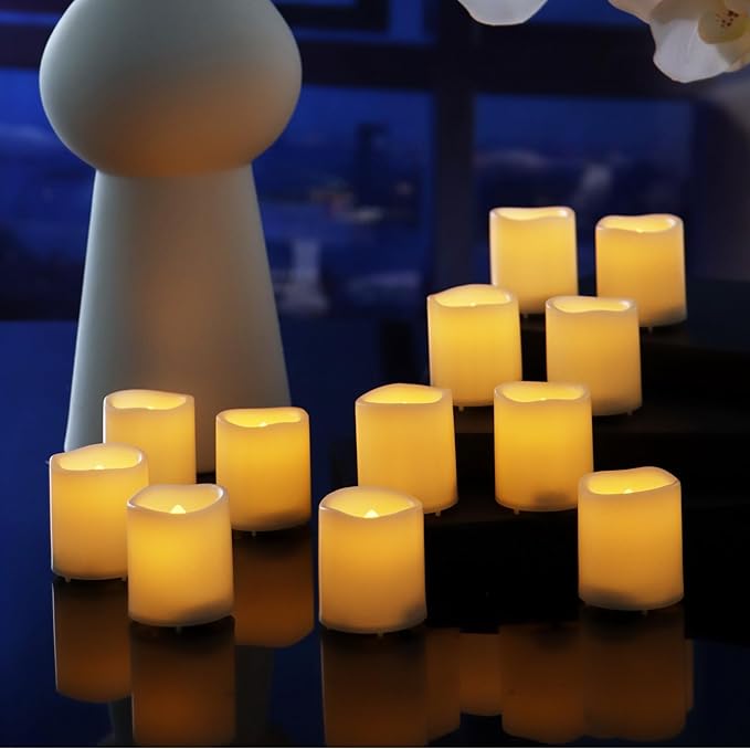 12 Pack Flameless Votive Candles Flickering Electric Fake Candles LED Battery Operated Tea Lights for Home Wedding Decor Party Table Halloween Christmas Decorations, Amber Yellow Glow