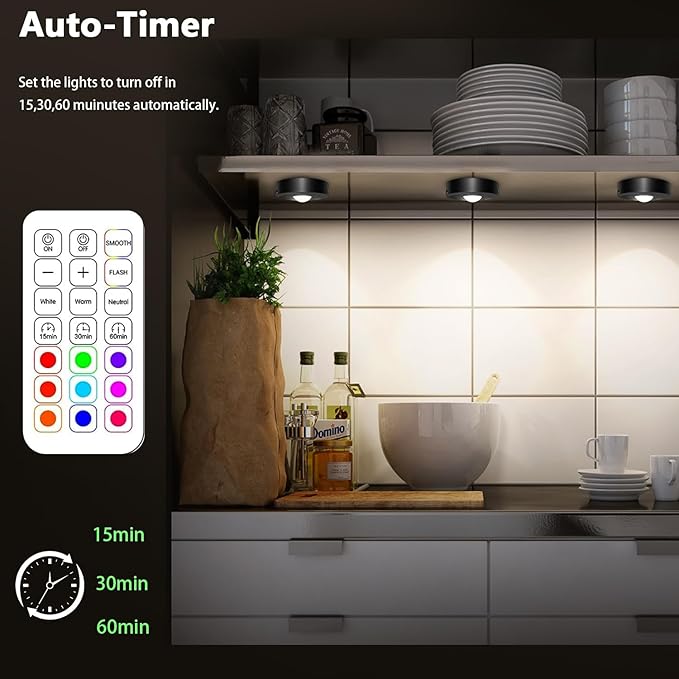 3 Pack Rechargeable Puck Lights - LED Puck Lights with Remote Control, Dimmable, 12 Colors & 2 Dynamic, 1000mAh Battery Operated, Timer - Magnetic Stick on Light, Ideal for Kitchen, Cabinets, Closet