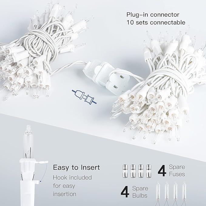 Hopolon 2PACK 50-Count Set Clear Christmas Lights with White Wire,Incandescent Bulb Mini String Lights for Holiday,Christmas Tree,Party, Wedding, Xmas, Home,Indoor & Outdoor Decorations(Warm White)