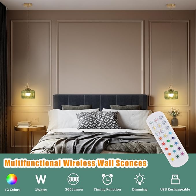 Battery Operated Pendant Light 5000mAh Rechargeable Chandelier with Remote Control Wireless Adjustable Hanging Green Striped Light for Kitchen Island Dining Room Hallway