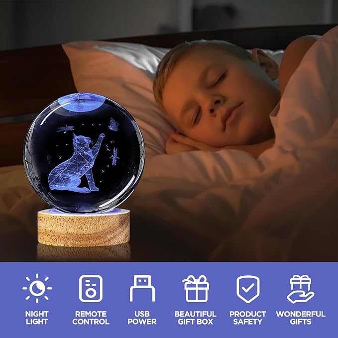 3D Cat Crystal Ball Night Light with Woodern Base, 3.15" Cat Figurines Glass Lamp with 16 Colors Cat Snow Globes Cool Desk Decor Cat Gifts for Women Girl Cat Lovers Kids Friends