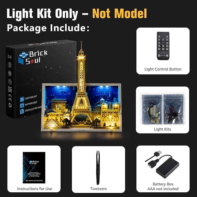 BrickSoul Advanced RC Light Kit for 21064 Paris – City of Love Building Set | Upgraded Wireless ON/Off & Dimming & Zonal Lighting with Hidden Cable Tech (21064 Set NOT Included)