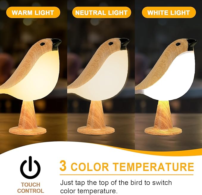 Cute Bird Table Lamp, Touch Control Bedside Lamp, Brid Night Light, Cordless Small Desk Lamps Battery Operated Nightstand Lamp, 3-Way Dimmable Light, Rechargeable, Desk Decoration