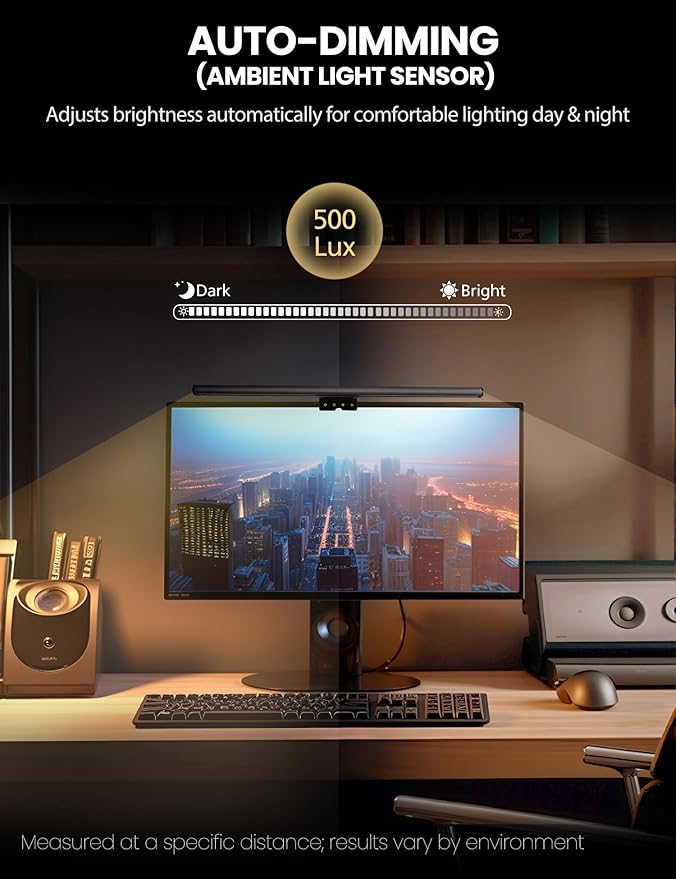Monitor Light Bar 19.7”, No-Glare Asymmetric Screen Lamp, Auto-Dimming, CRI Ra97, 2700K–6500K & Stepless Dimming, Touch Control, Includes 5V/2A Adapter, Fits 0.2–1.1” Monitors (Not for Laptops)
