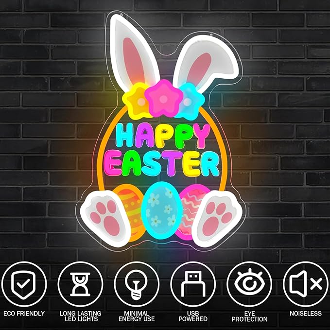 Happy Easter Neon Sign for Wall Bunny Neon Light for Bedroom Door Dimmable Eggs Led Sign Light Up Basket Sign for Shop Home Office Easter Decorations Neon Wall Art Gifts for Family