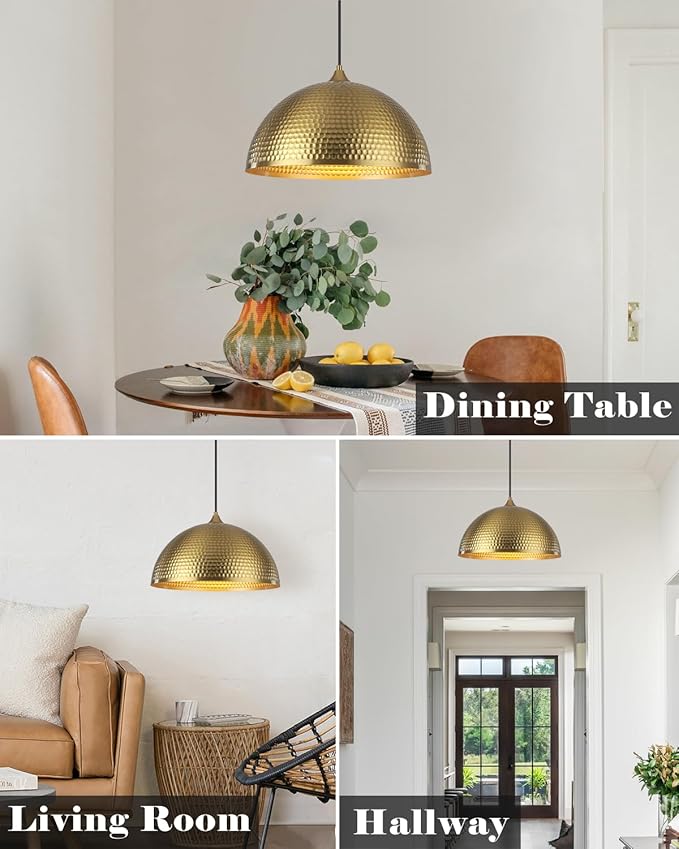 Gold Pendant Light 16 inch, Hammered Large Dome Pendant Light, Industrial Farmhouse Pendant Lights Kitchen Island, Gold Island Pendant Lights for Kitchen, Dining Room Living Room 1 Pack