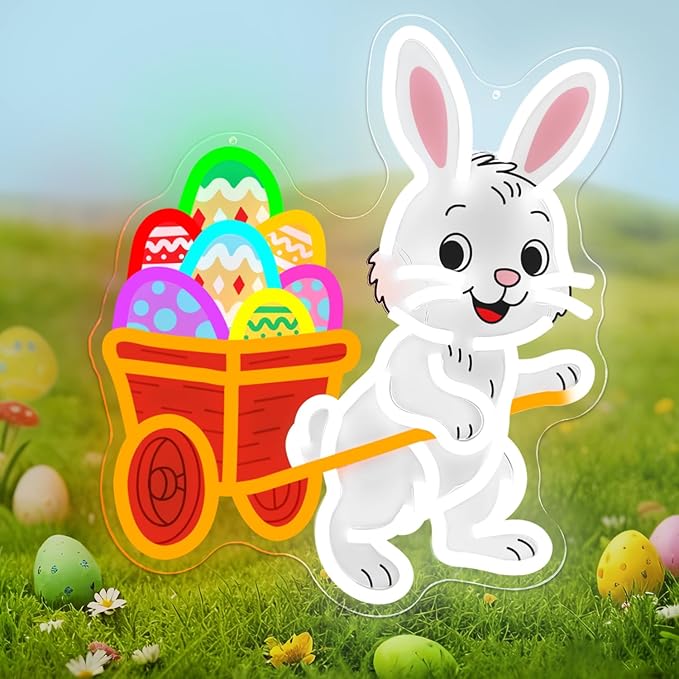 Easter Bunny Neon Sign Dimmable Easter Bunny with a Cart for Eggs Neon Light for Wall Decor Led Happy Easter Light Up Sign for Window