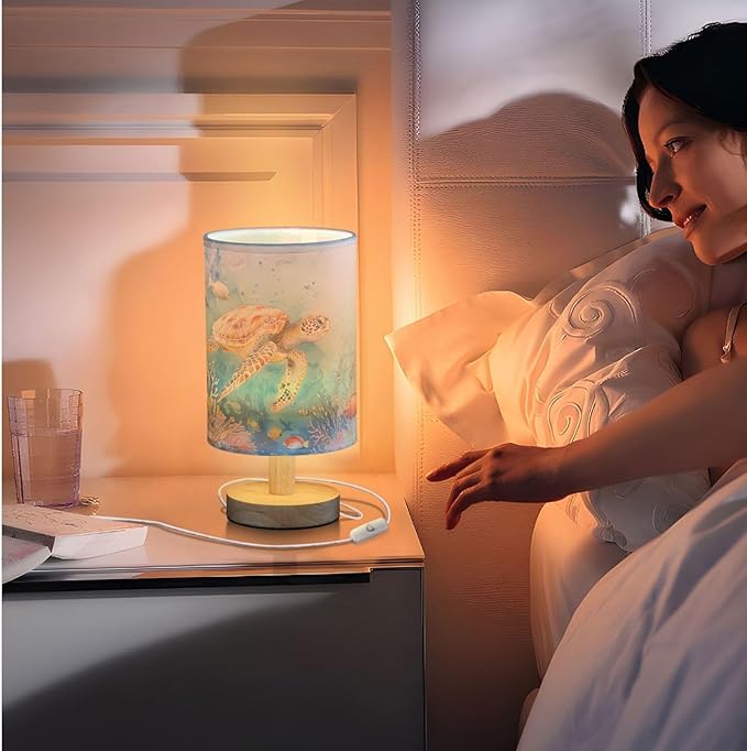 Sea Turtle in Ocean Marine Life Table Lamp for Bedroom USB Port Lamps Small Accent Table Lamp Nightstand Lamp Study Linen Shade with Wooden Base, Decorative Lamps for Bedside Reading|Kids|Dorm|Home