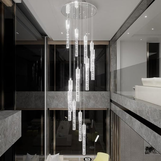 Flashing God Modern Crystal Chandelier Dimmable LED Silver Ceiling Light Crystal Bubble Pendant Lights High Ceiling Chandelier for Living Room Lobby Staircase Chandeliers LED Dimmable 2700K-6000K
