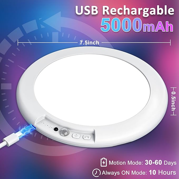 maylit Shower Lights 4 Pack, RGBW Rechargeable Ceiling Light, Waterproof Battery Operated Lamp, Wireless Stick on Inside Motion Sensor Mood LED Lighting for Bathroom No Wiring, Indoor