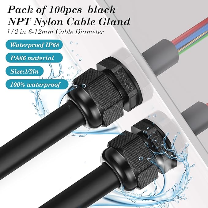 100 Pcs 1/2" NPT Black Nylon Cable Gland, Waterproof IP68 Adjustable Locknut Cable Diameter Waterproof Connectors Black Cord Grip