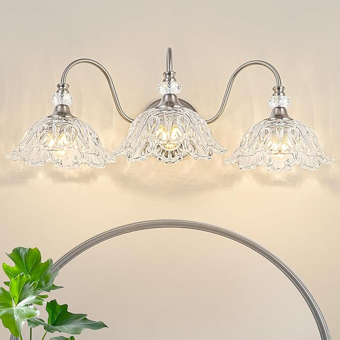 Brushed Nickel 3-Light Bathroom Vanity Light with Floral Clear Glass Shades, Brushed Nickel Wall Mount Lighting for Bathroom, Dressing Table