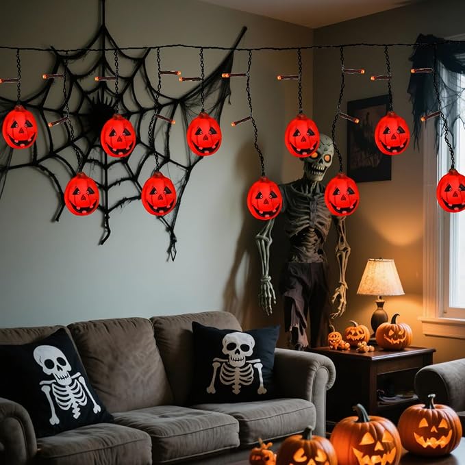 6FT 25LED Halloween Pumpkin String Lights, Icicle Light Strand with 10 Orange Jack O'Lantern, 8 Lighting Modes, Battery Operated, Indoor Outdoor Holiday Decoration