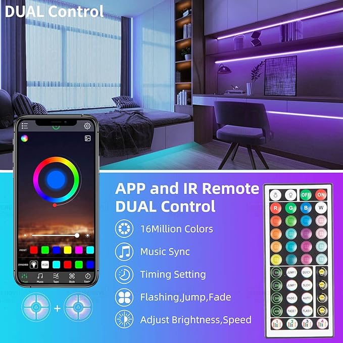 KSIPZE Led Lights for Bedroom 50ft Led Strip Lights with Remote RGB Color Changing Music Sync Smart App Control for Room Bedroom Lighting Flexible Home Décor